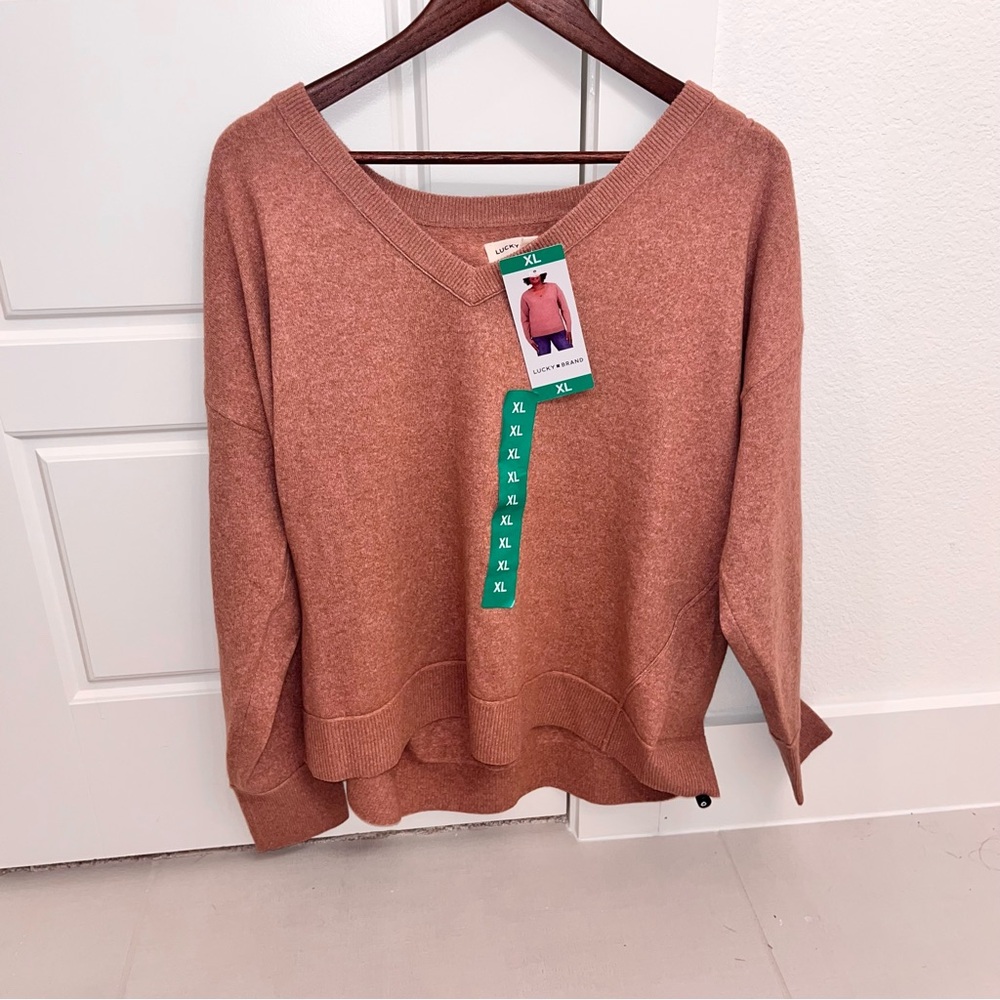 NWT Lucky Brand Women's V-Neck Sweater Pink Long‎ Sleeve Size XL